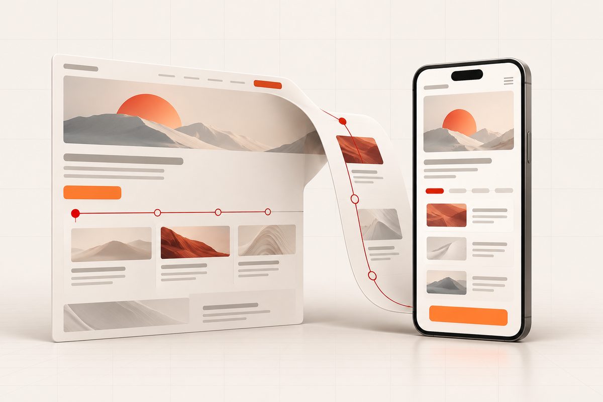 Illustration: Eine breite Website geht in einen strukturierten Smartphone-Lesefluss mit markierten Abschnitten und Kontaktbutton über.