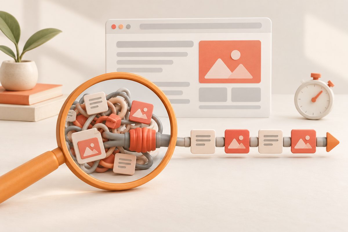 Illustration: Eine Lupe untersucht einen verengten Ladepfad zwischen einer Website und ihren Bild-, Schrift- und Codebausteinen. Illustration: Eine Lupe untersucht einen verengten Ladepfad zwischen einer Website und ihren Bild-, Schrift- und Codebausteinen.
