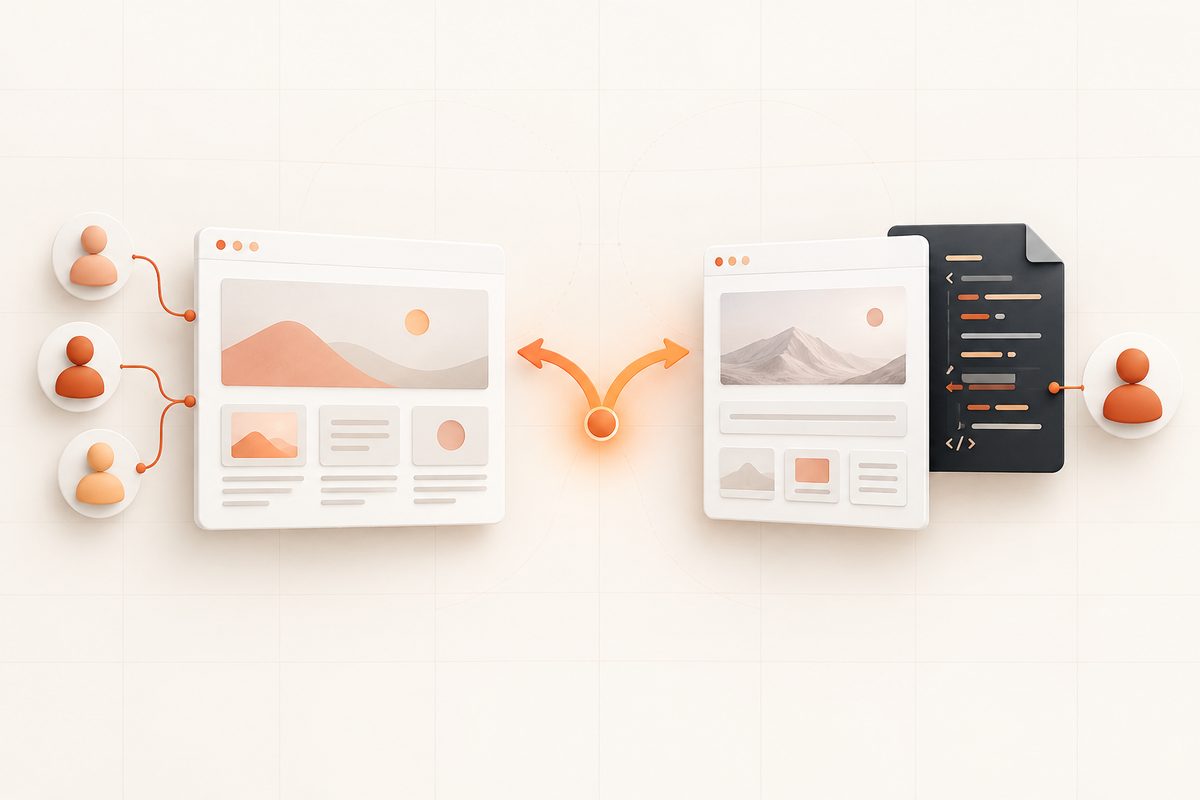 Illustration: Gemeinsame Inhaltspflege und eine zentral betreute Website mit Code stehen als zwei mögliche Wege nebeneinander. Illustration: Gemeinsame Inhaltspflege und eine zentral betreute Website mit Code stehen als zwei mögliche Wege nebeneinander.