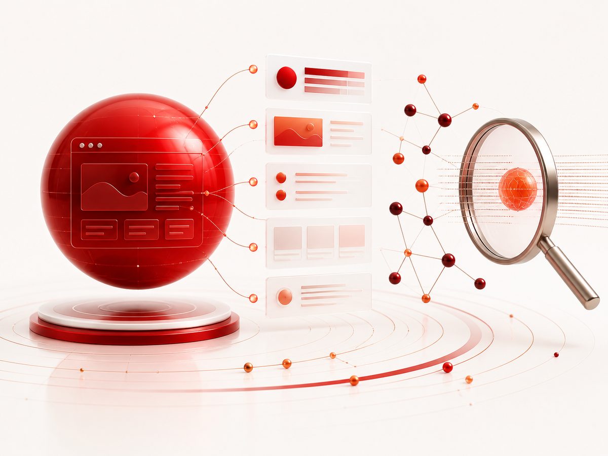 Abstrakte Darstellung einer für KI-Systeme strukturierten und maschinenlesbaren Landingpage Abstrakte Darstellung einer für KI-Systeme strukturierten und maschinenlesbaren Landingpage